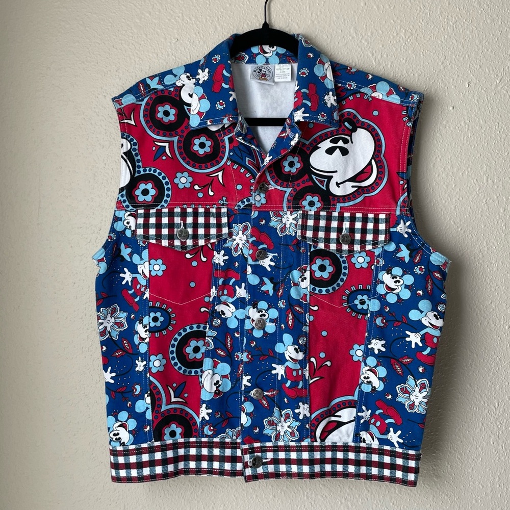 Disney Red & Blue Black Mickey Patchwork Plaid Retro 70’s Funky Denim Jean Vest